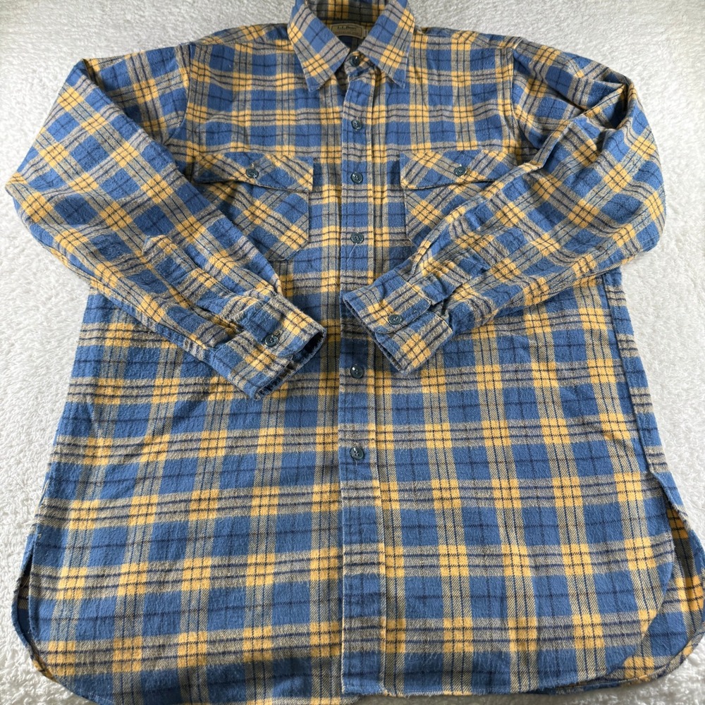 LL Bean Shirt Men's Medium 16 Plaid Button Up Timberline Flannel VTG Blue Yellow